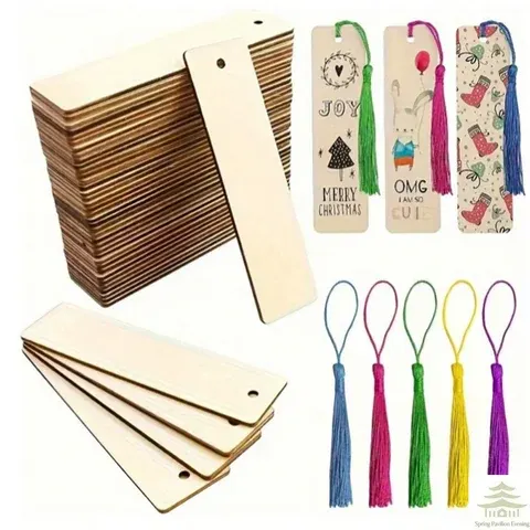 Quadratisches Holz-Lesezeichen-Set mit Quasten