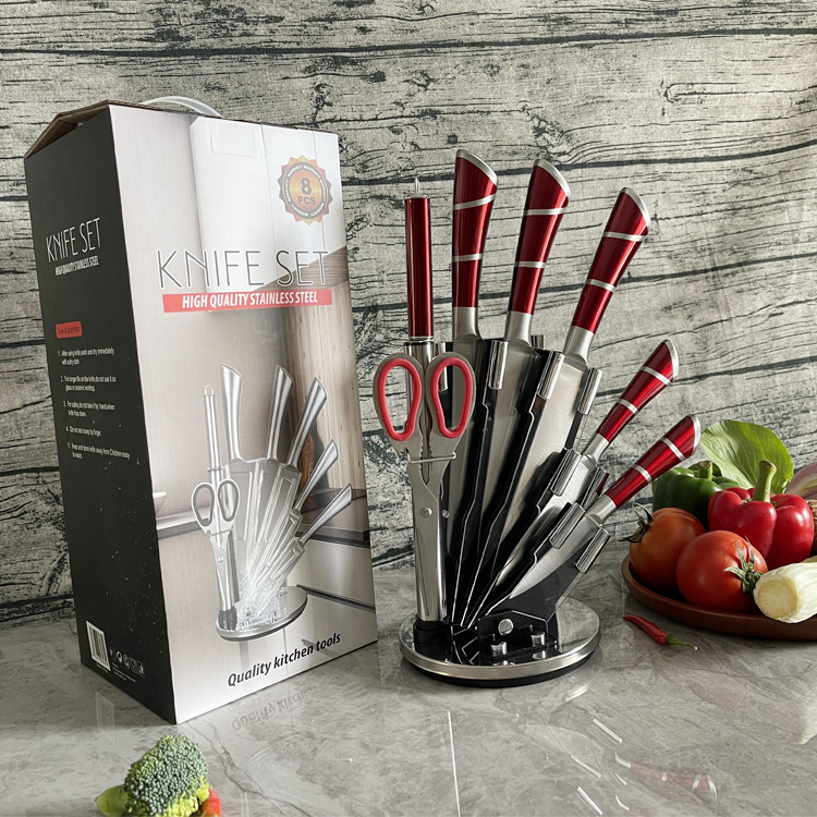 Rotes Edelstahl Küchenmesser-Set mit Block