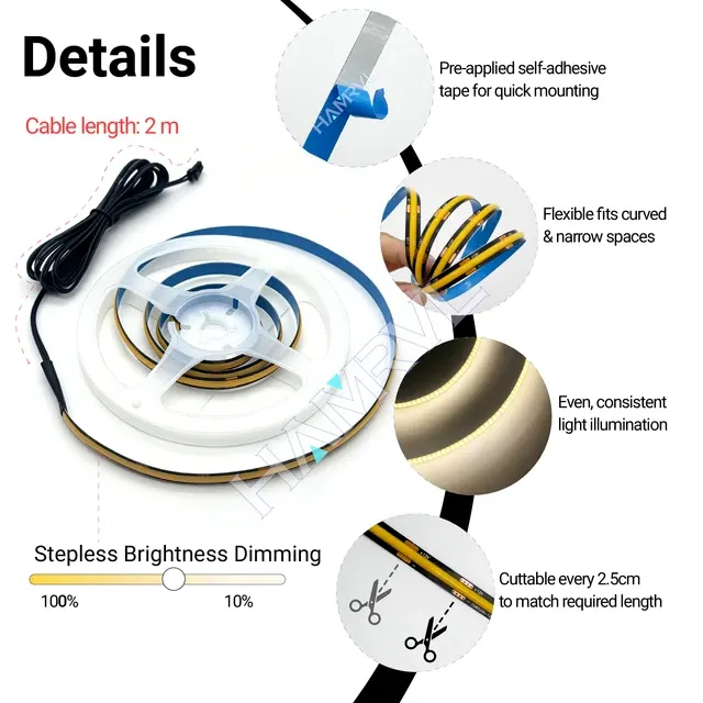 Selbstklebender Touch-Dimmer COB-LED-Streifen Schwarz 1