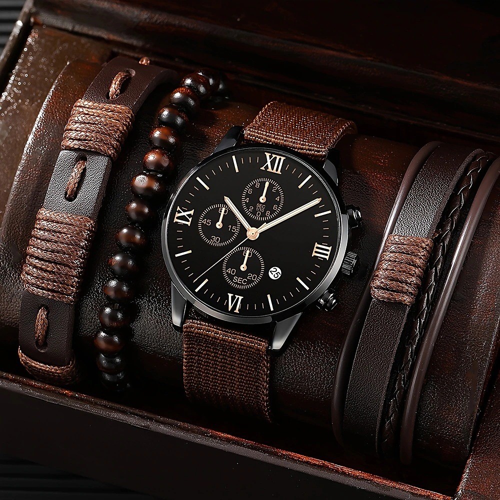 Quarz Armbanduhr Set mit Kunstleder Armband