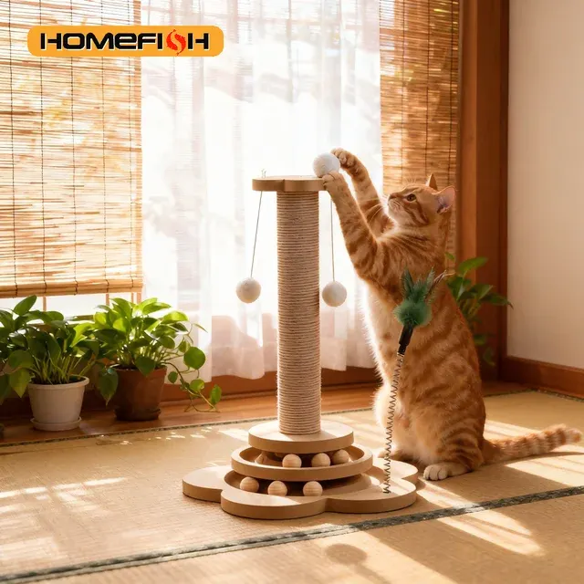 Katzenspielzeug aus Massivholz mit Sisal-Kratzbrett 3