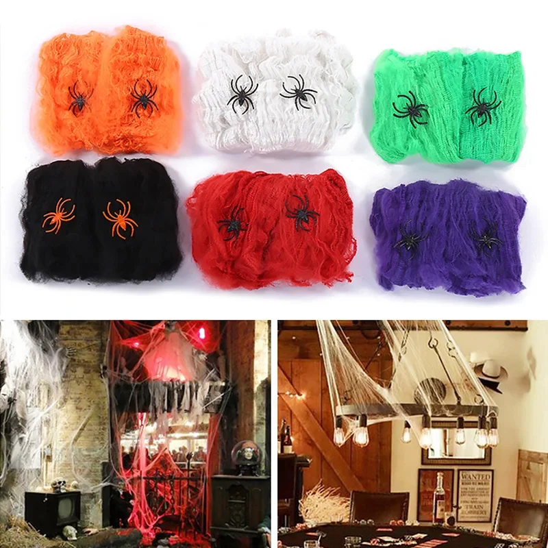 Weißes dehnbares Halloween-Spinnennetz, Party-Deko 3