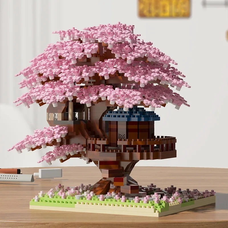 Kirschblüten-Baumhaus-Bausteinset mit LED-Licht 3
