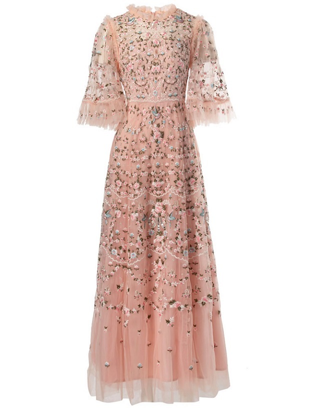 Festliches Damen-Abendkleid mit Stickerei und Ärmeln