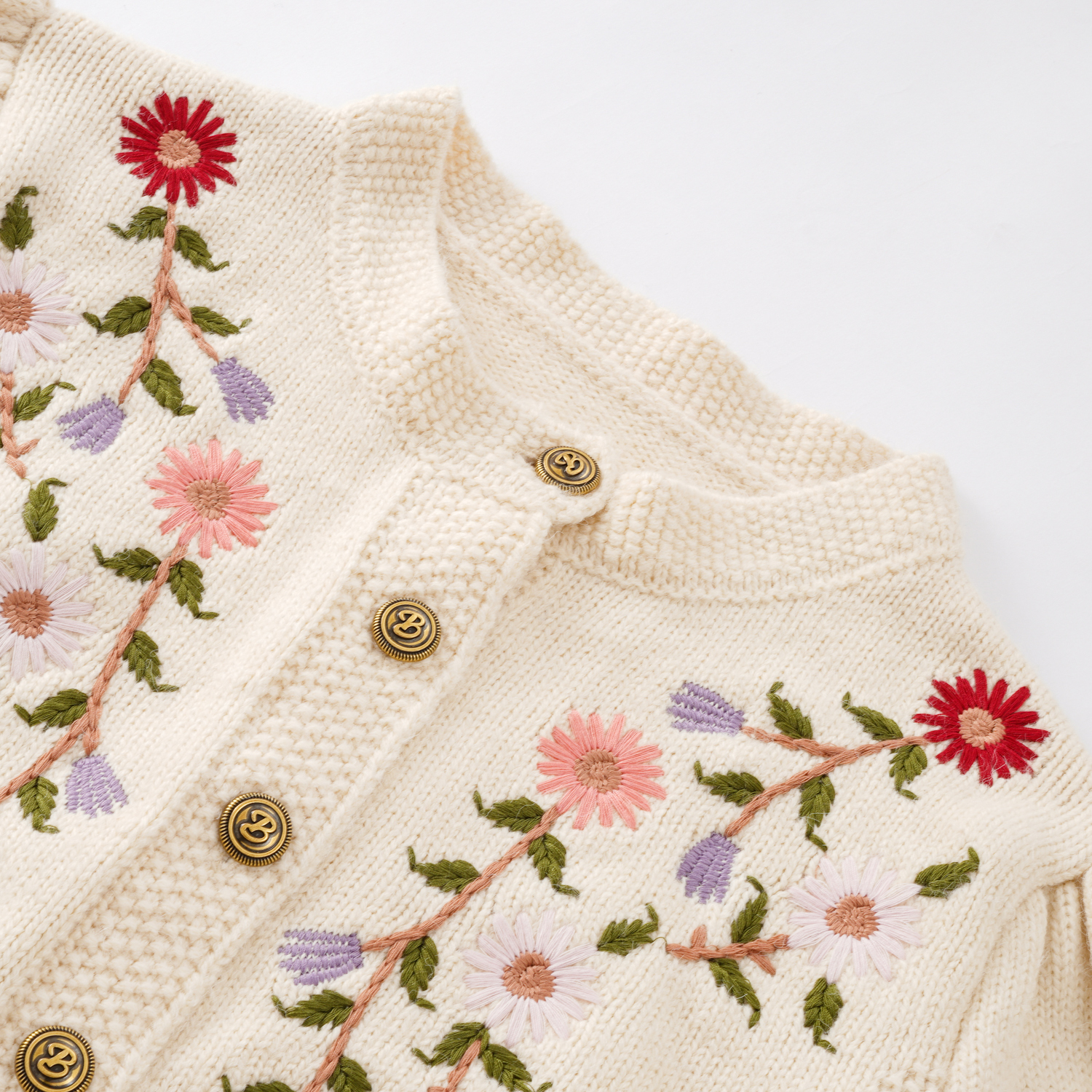 Damen Pullover mit Puffärmeln und Blumenstickerei 3