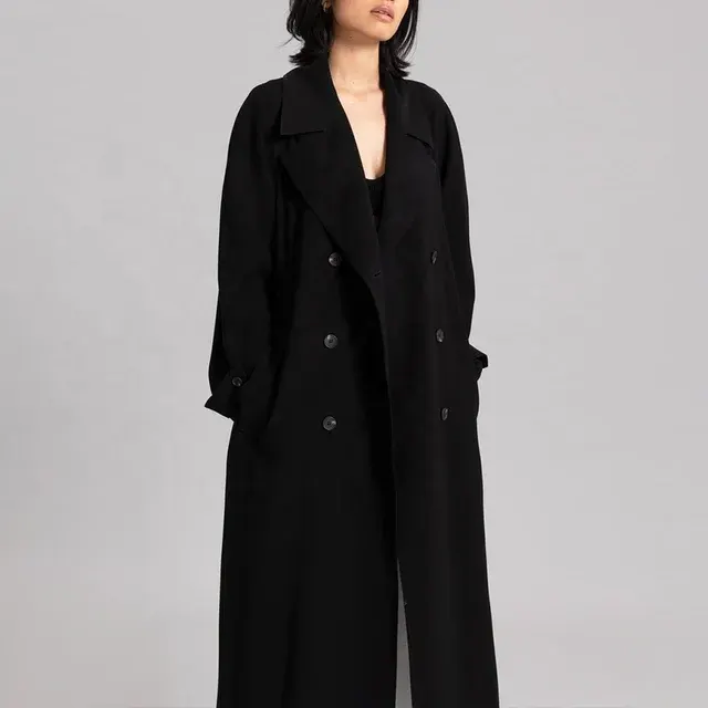 Damen Langer Schwarzer Trenchcoat Doppelreihig 2