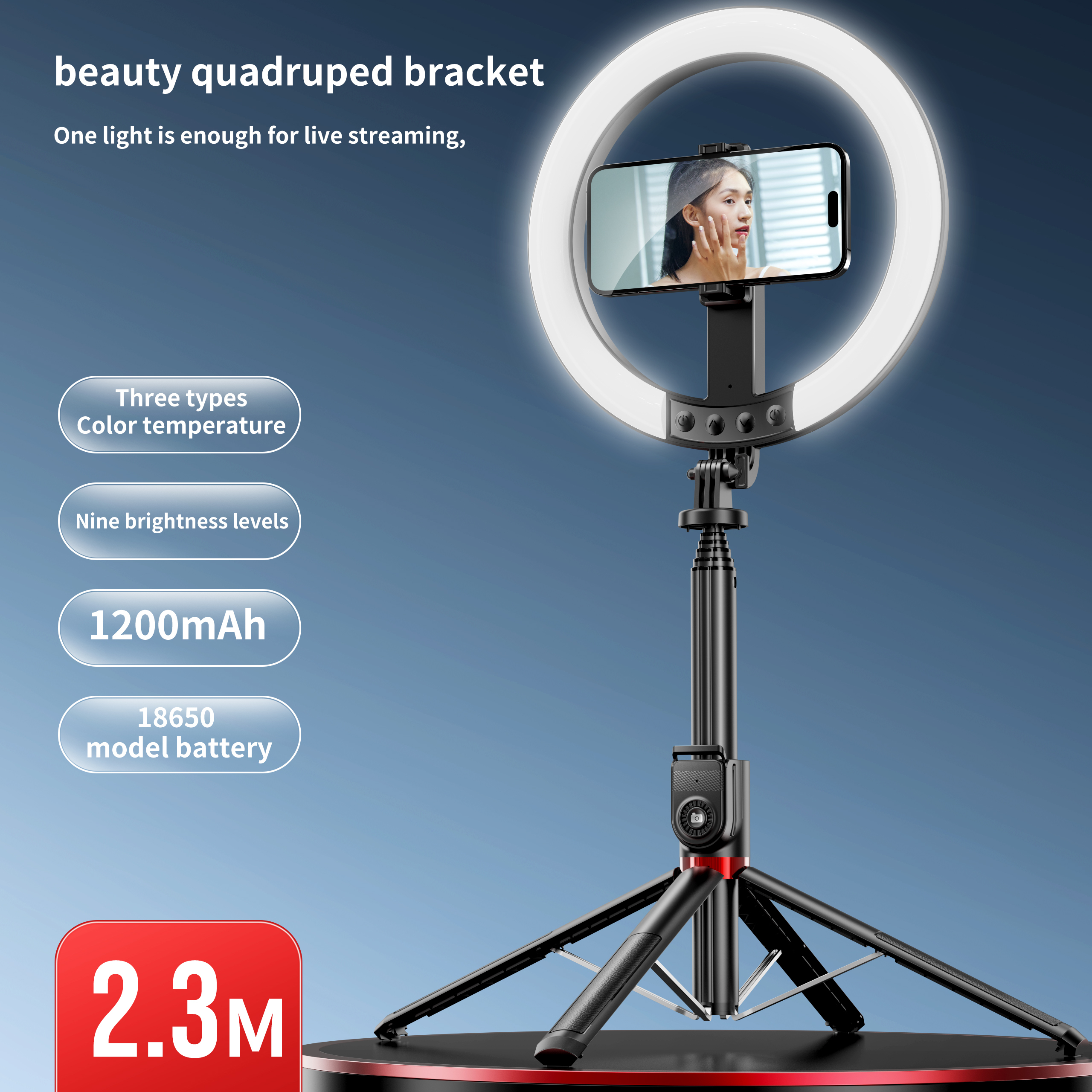 LED-Ringlicht 2,3m mit Stativ und Selfie-Stick 2