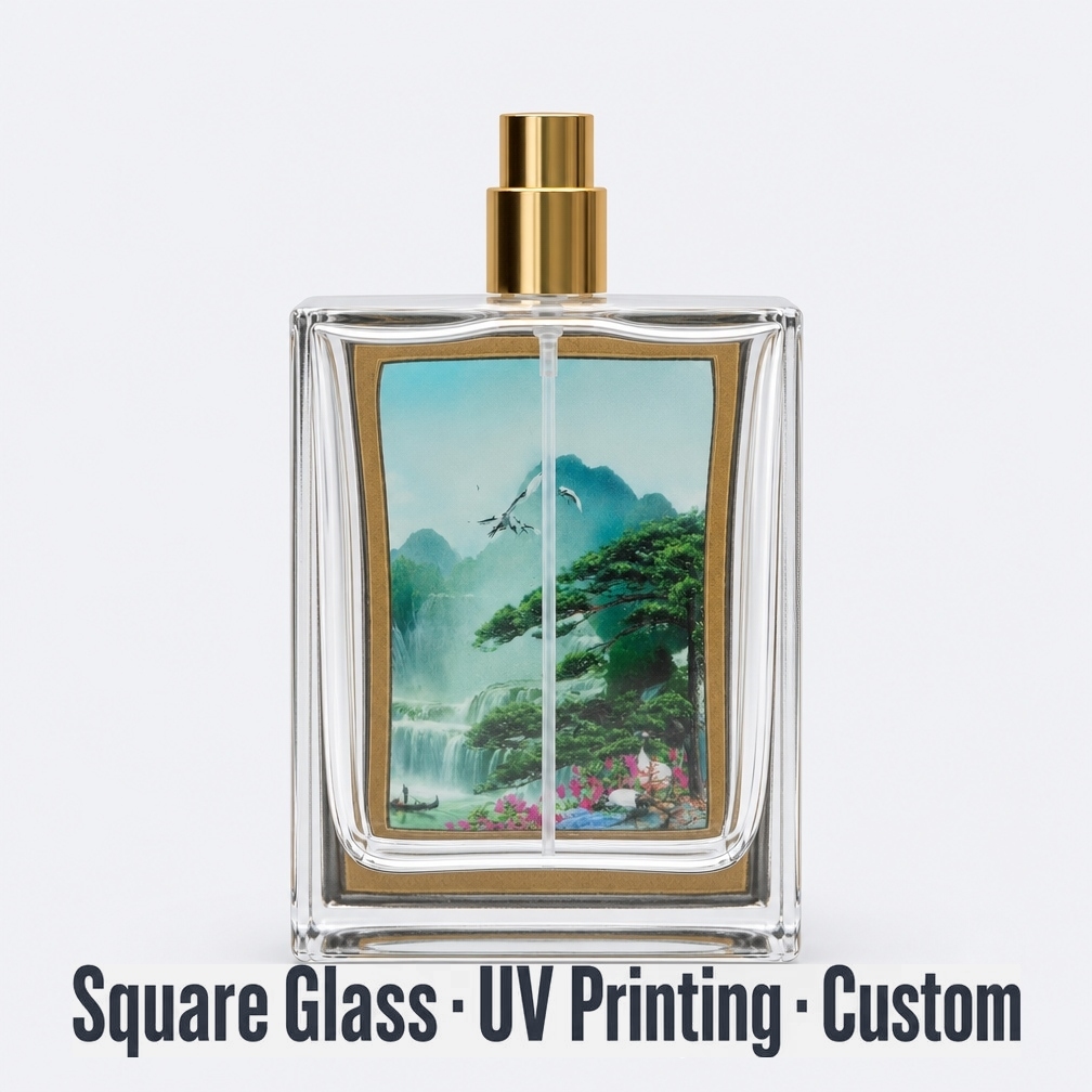 Leere quadratische UV-bedruckte Glasparfümflasche 2