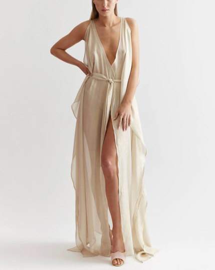 Champagnerfarbenes Satin-Maxikleid mit Asymmetrie-Ausschnitt 2
