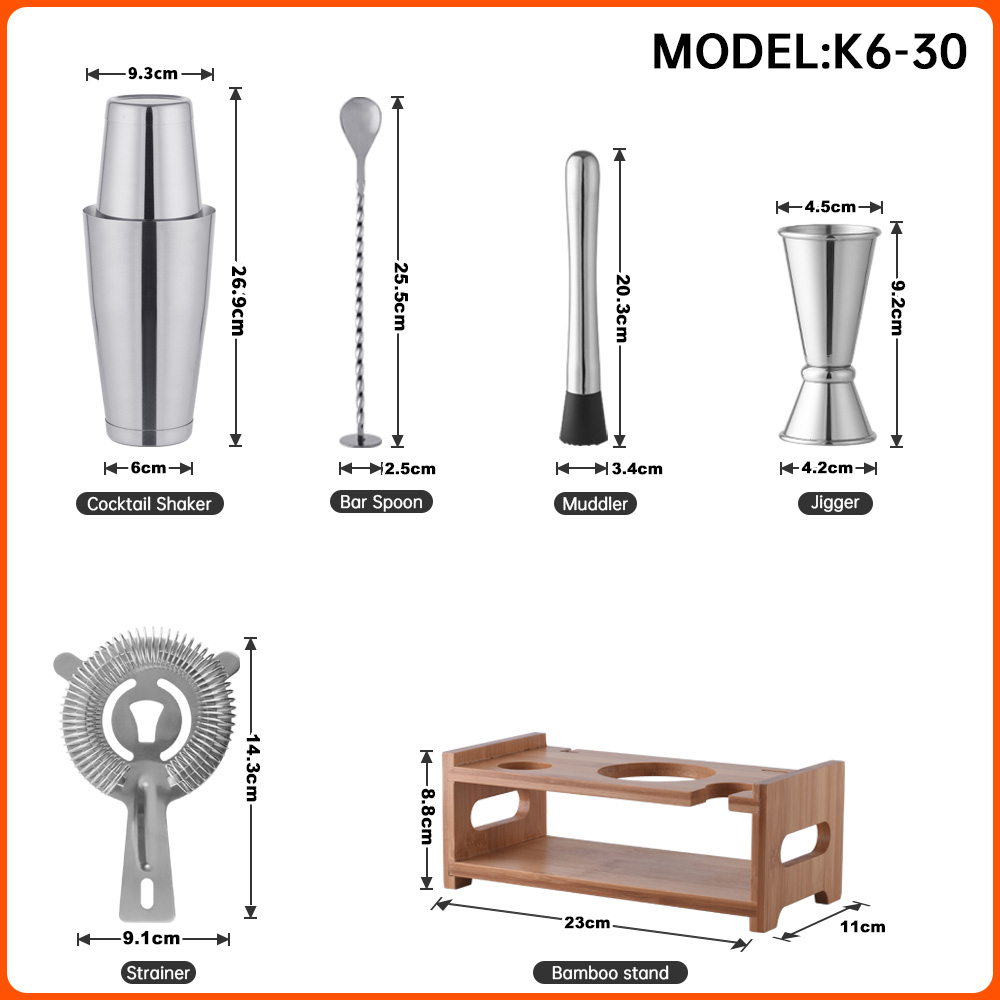 Edelstahl Cocktail Shaker Set mit Bambusständer 2