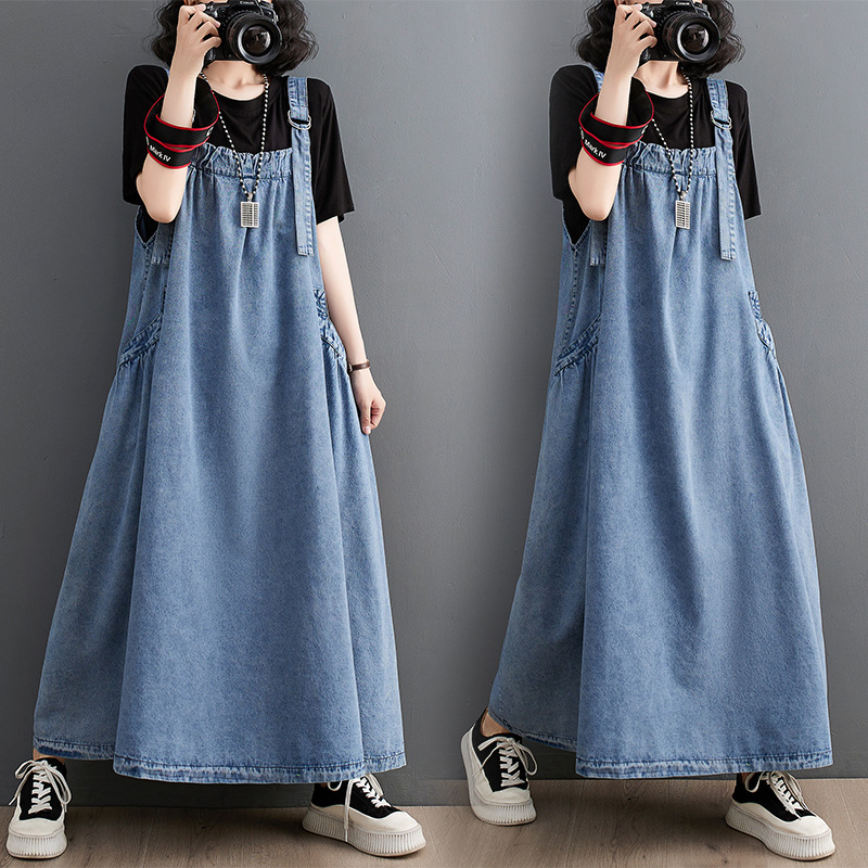 Lange lockere Jeansrock mit Denim-Träger