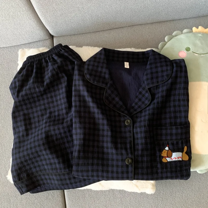 Kariertes Damen-Pyjama-Set mit Hundestickerei 3