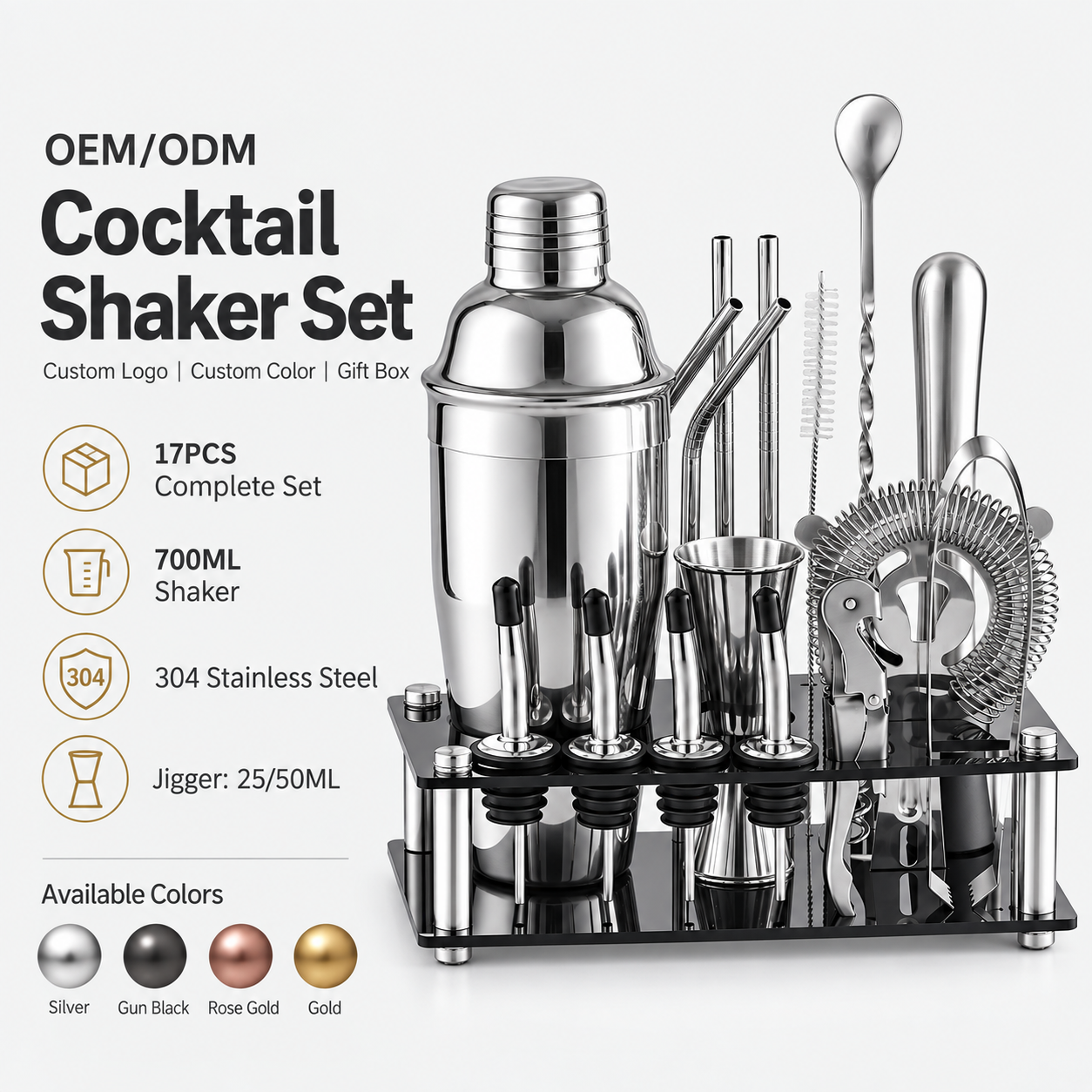 Cocktail-Shaker-Set 700ml Edelstahl mit Ständer