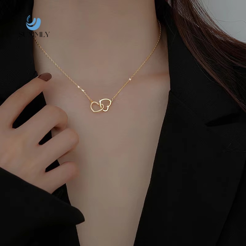 Minimalistische Doppelherz-Halskette aus Edelstahl, goldfarben