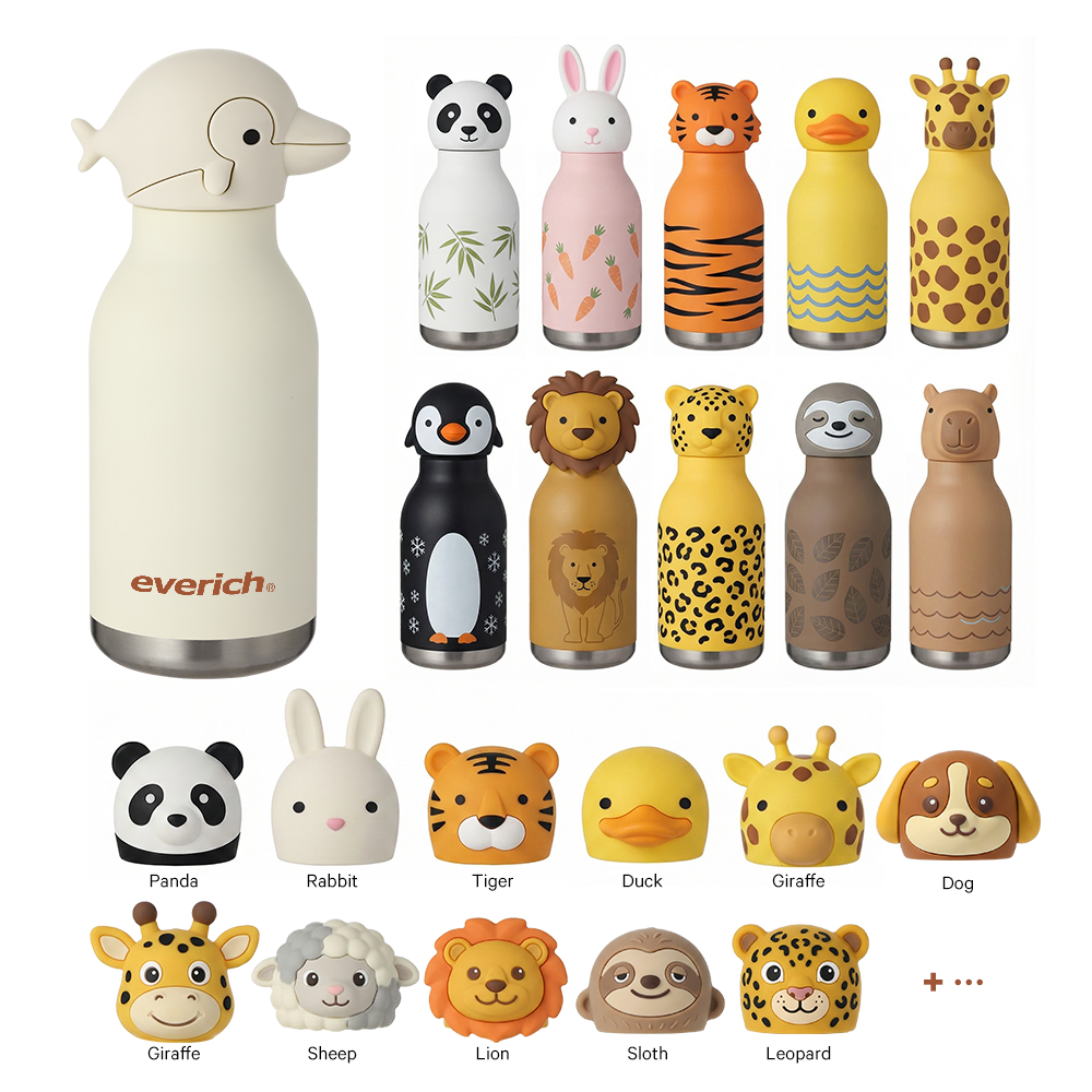 Isolierte Kinderflasche mit Tierkopf-Deckel