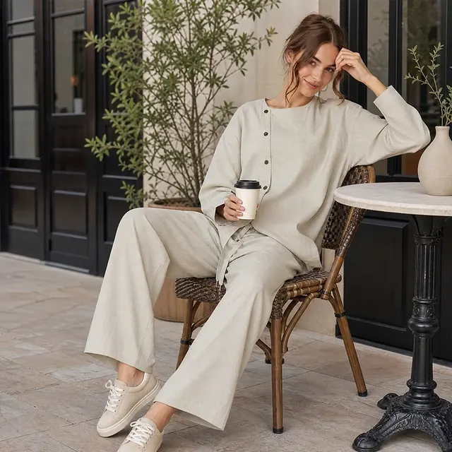 Damen-Loungewear-Set aus Baumwolle mit Weitbeinhose 2