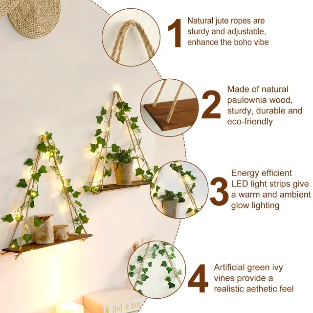 Holz-Blatt-Wandregal mit LED 3