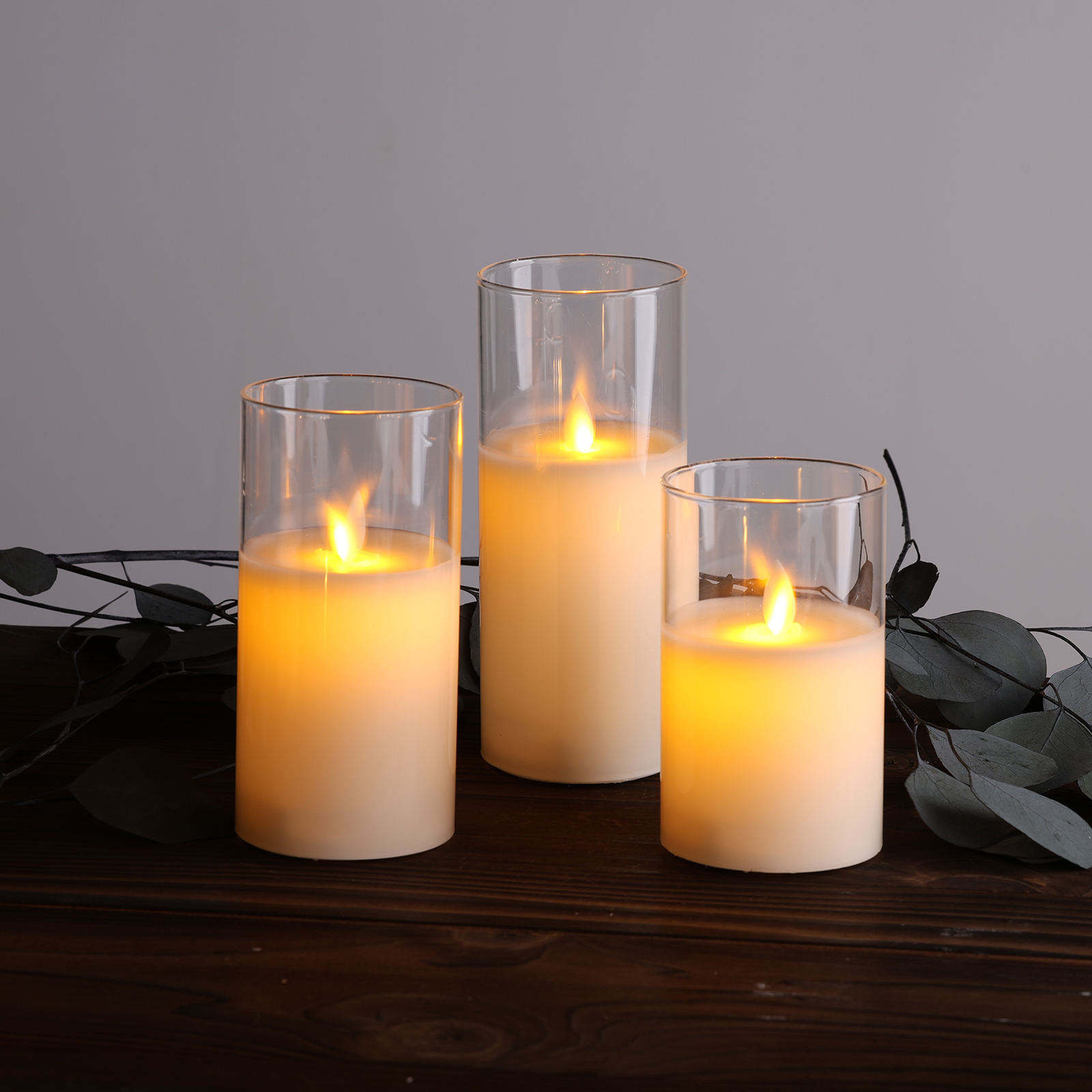 3er Set Klarglas LED Säulenkerzen mit Fernbedienung 2