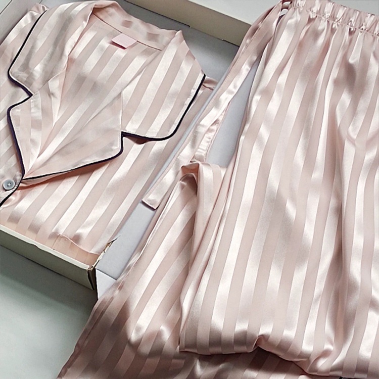 Luxus Satin Pyjama Set Damen Gestreift