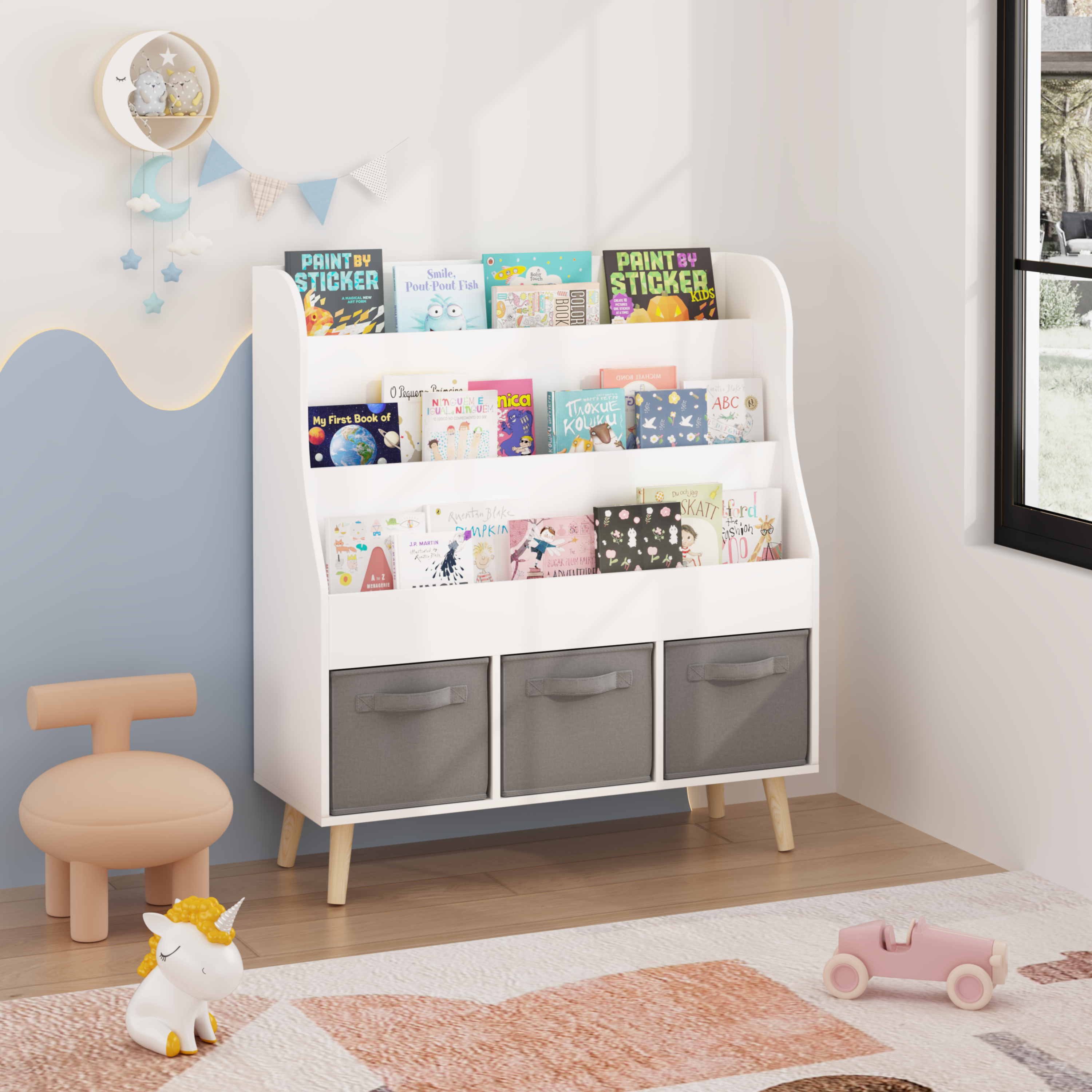 Holz Kinderbücherregal Weiß mit Kiefernbeinen