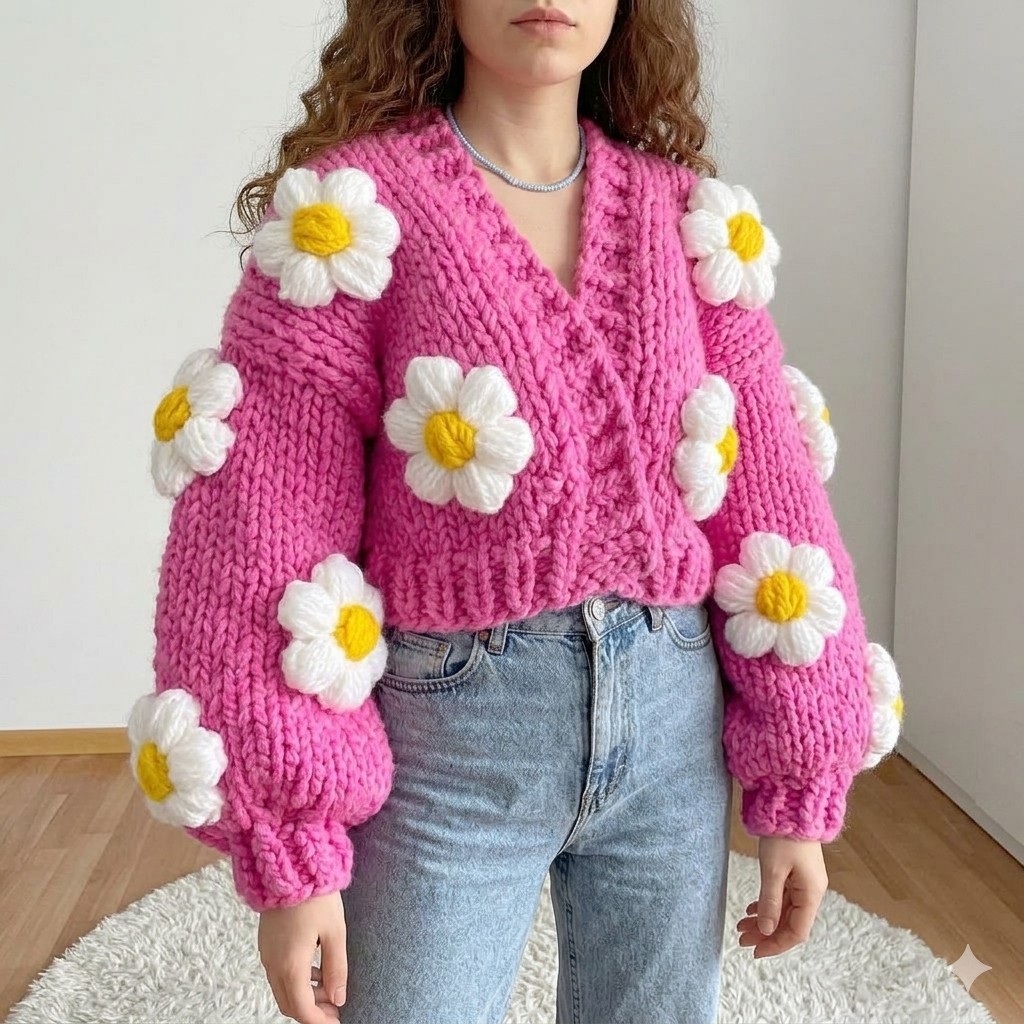 Oversize Häkel-Cardigan mit 3D-Blumen 3