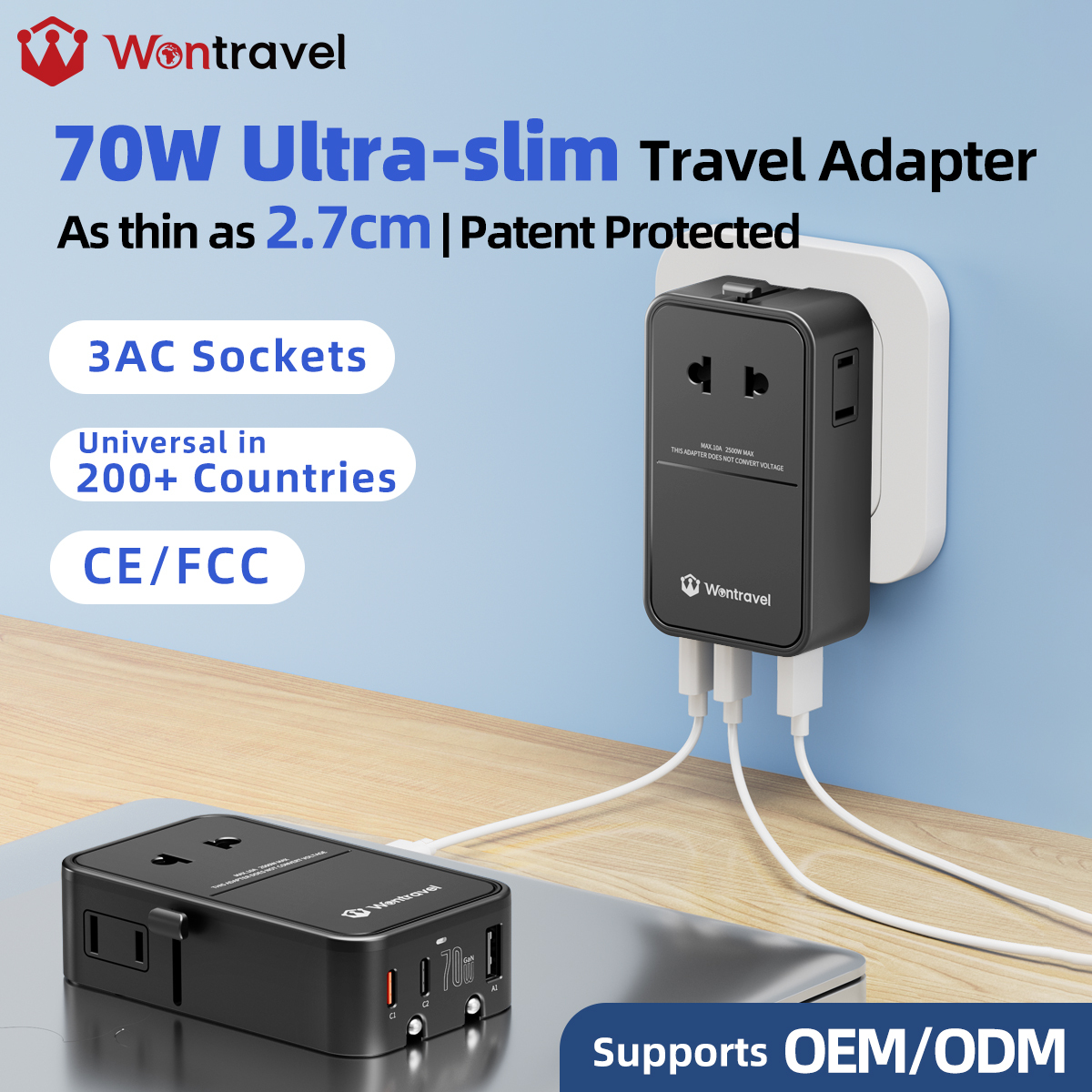 Ultraflacher 70W GaN USB-C Reiseadapter
