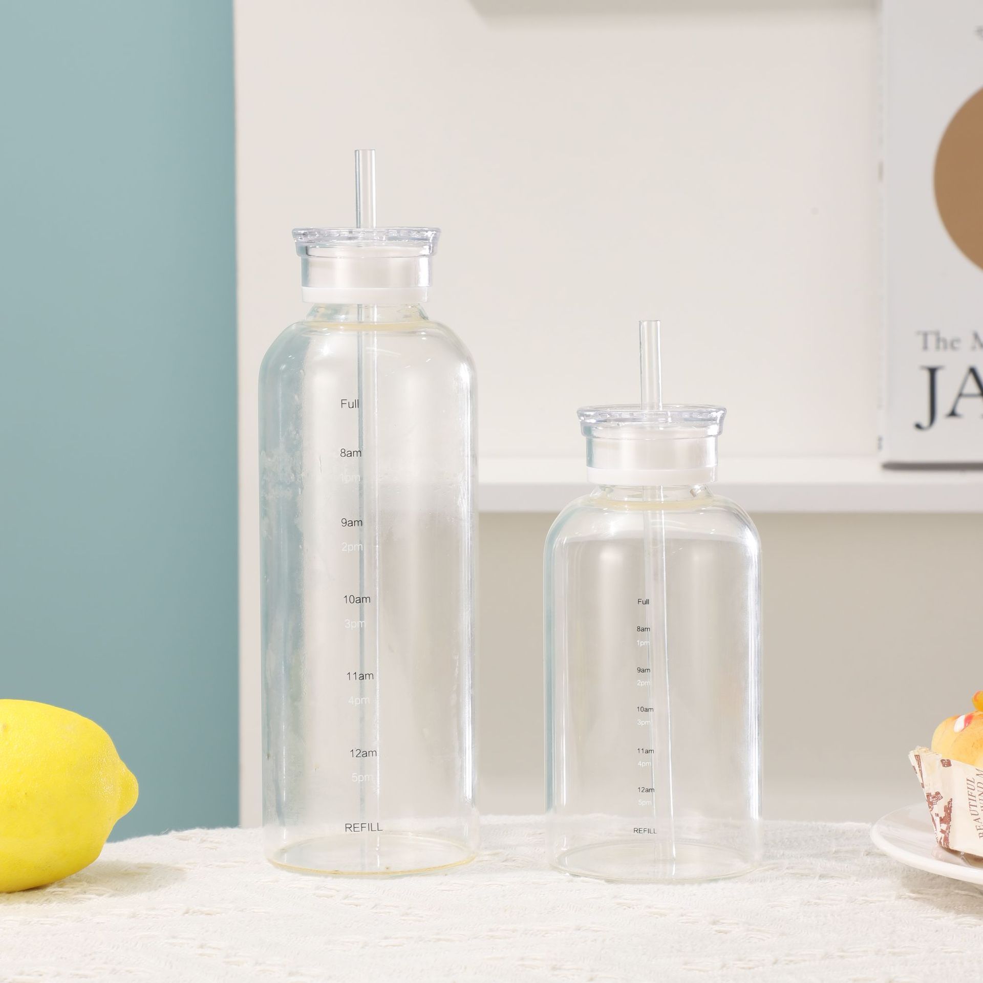 Glas-Trinkflasche mit Zeitmarkierung 4