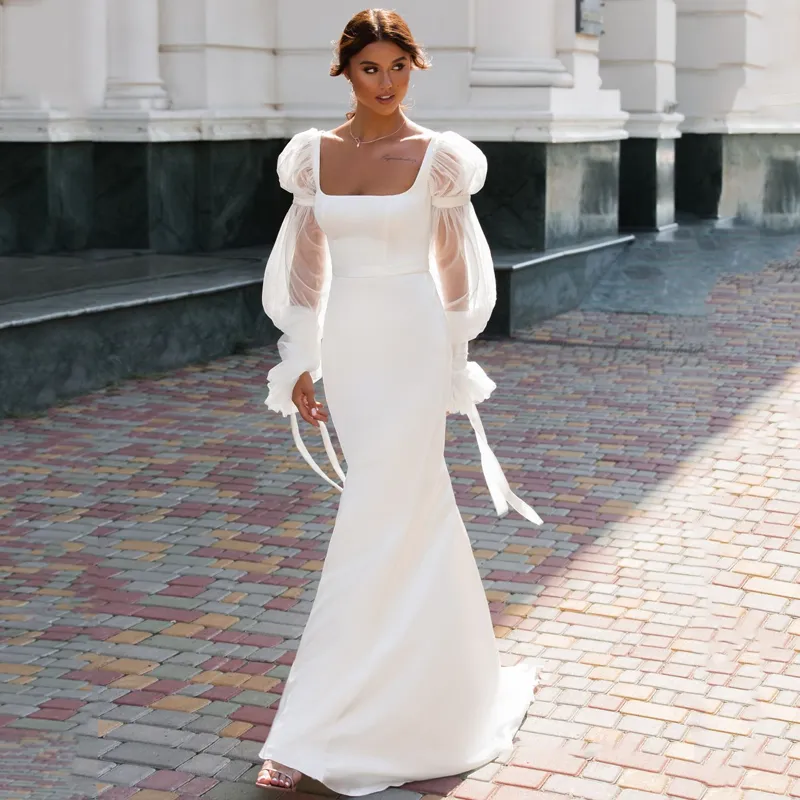 Satin Meerjungfrauen-Brautkleid mit Puffärmeln