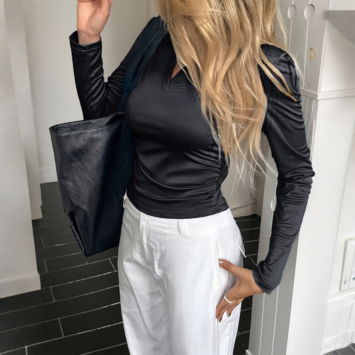 Damen Satin Langarmbluse Uni 2