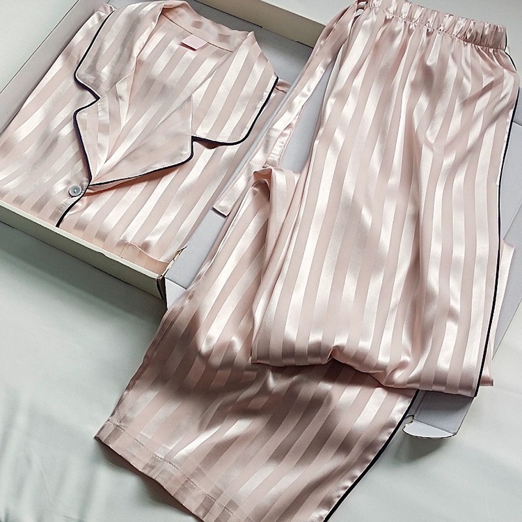 Luxus Satin Pyjama Set Damen Gestreift 2