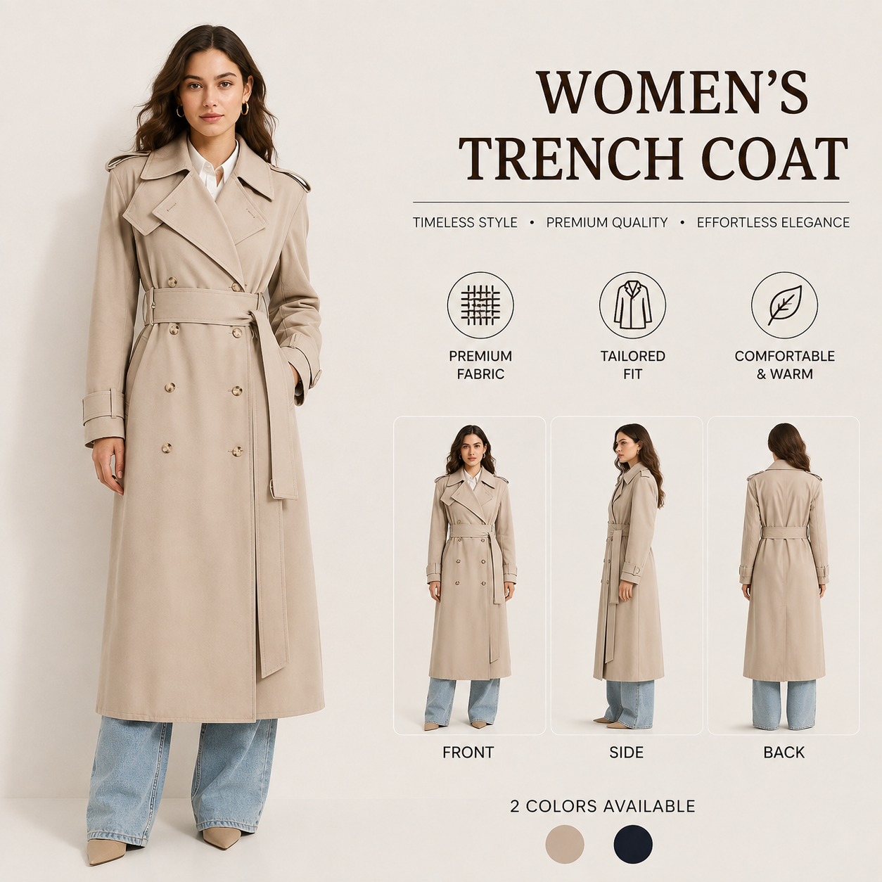 Damen Langer Trenchcoat Zweireihig mit Gürtel