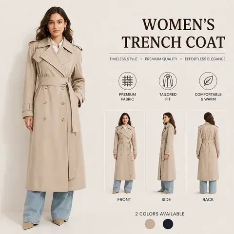 Damen Langer Trenchcoat Zweireihig mit Gürtel