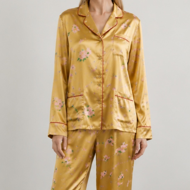 Langarm-Damenpyjama aus Seidensatin mit Print 3