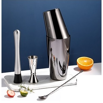 Edelstahl Cocktail Shaker Set mit Bambusständer 4