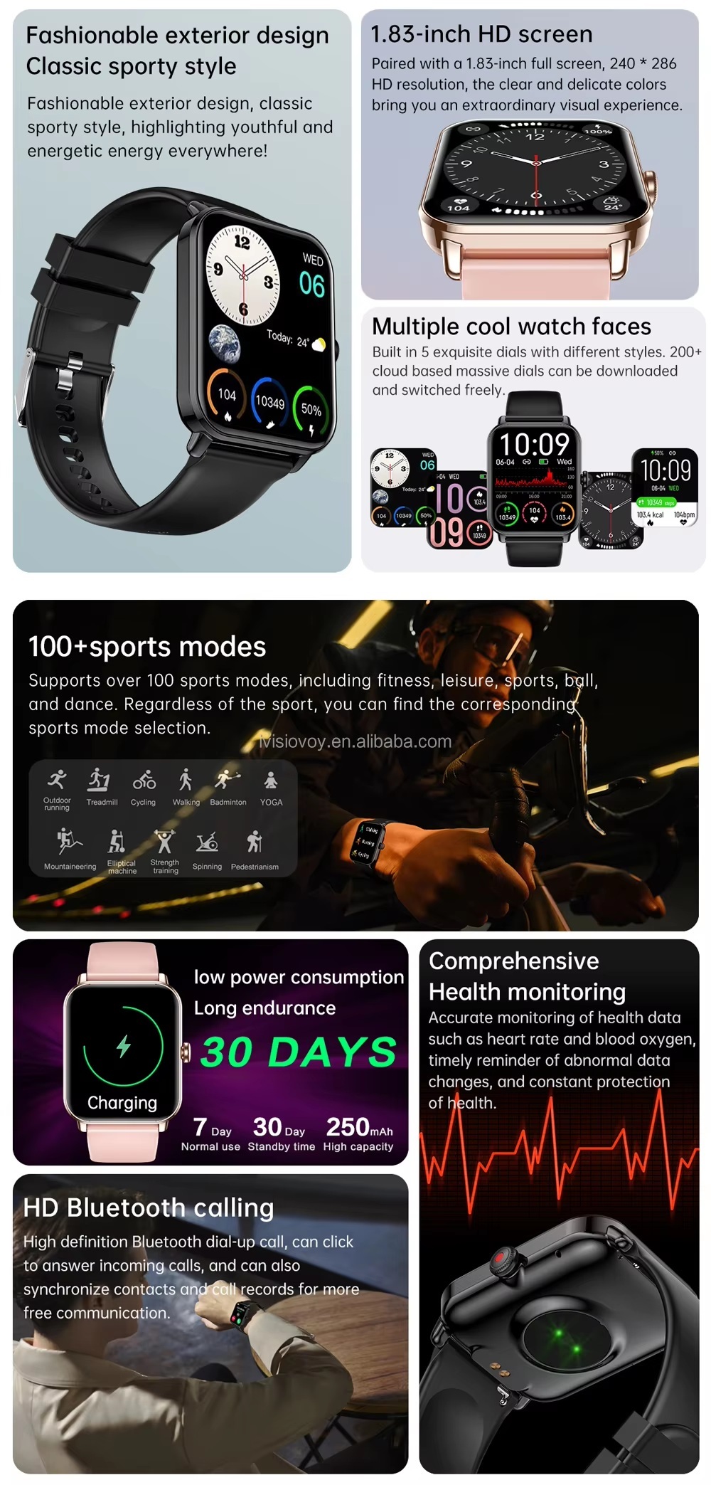 Quadratische Smartwatch mit Silikonarmband, IP68 4
