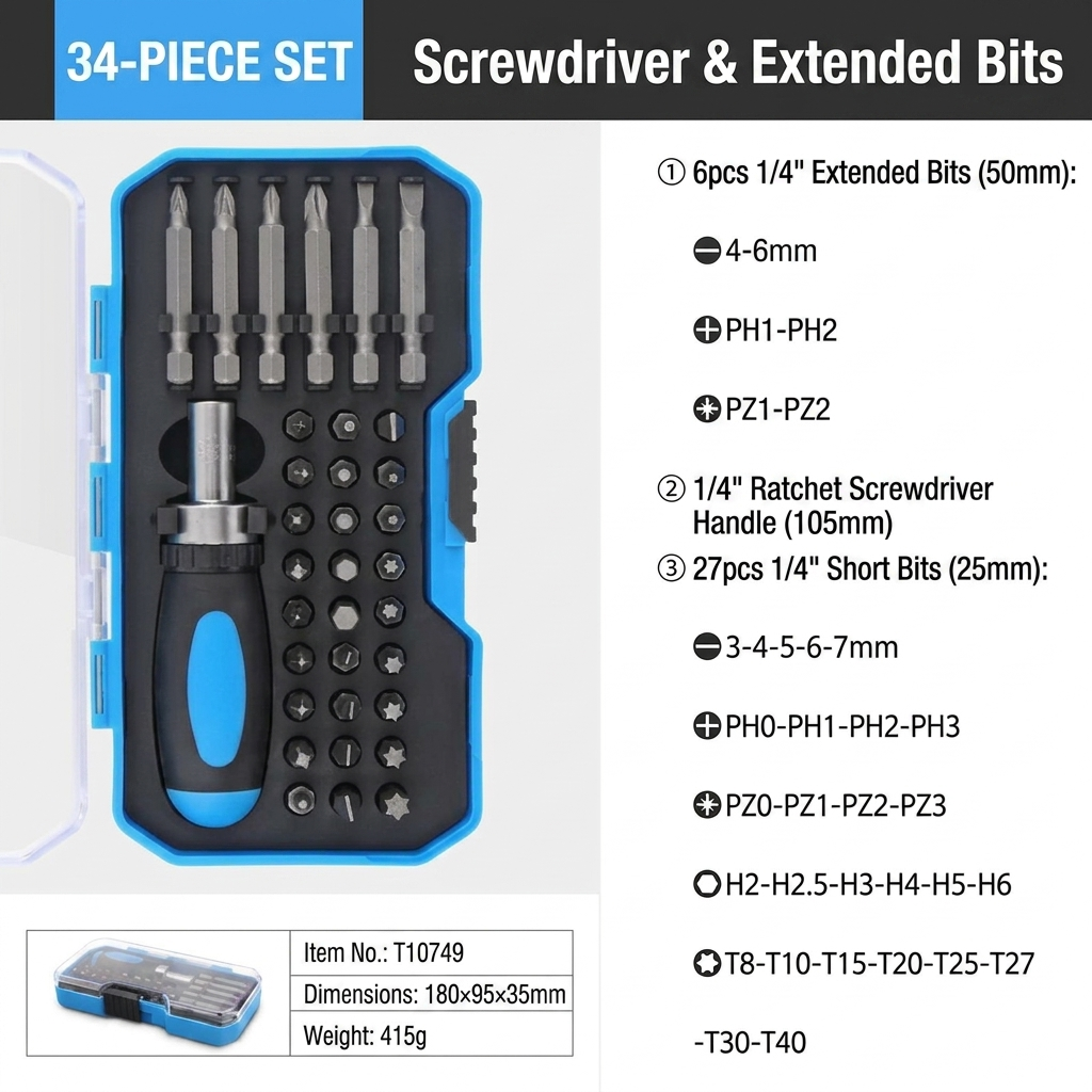 34-teiliges Ratschen-Schraubendreher-Set mit Bits 3