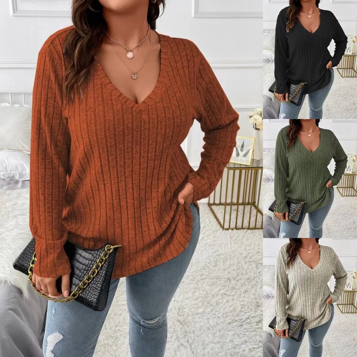 Damen V-Ausschnitt Langarm Bluse Strick 2