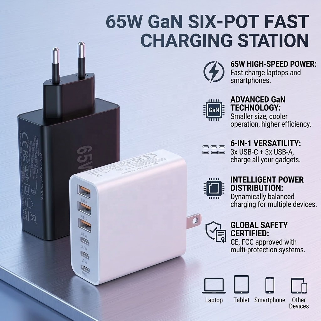 65W PD3.0 Schnellladegerät 6 Ports Reisestecker