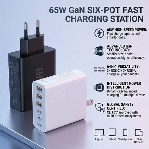 65W PD3.0 Schnellladegerät 6 Ports Reisestecker