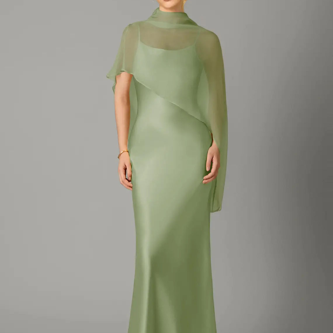 Salbeigrünes Chiffon-Abendkleid mit Cape 4