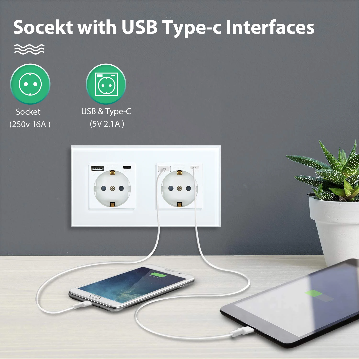 Touch-Lichtschalter mit USB-C-Steckdose, Weiß 4
