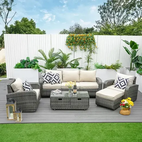 5-teiliges Rattan Gartenmöbel Set mit Kissen