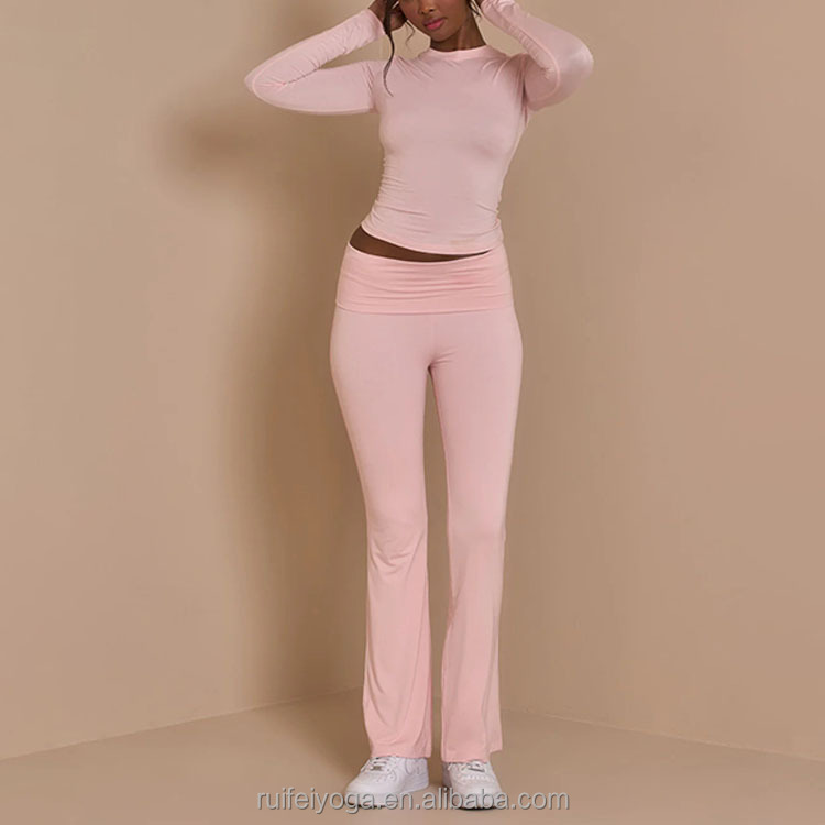 Pinke Doppellagige Yogahose mit Umschlagbund 4
