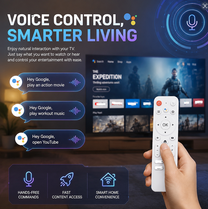 4K Android 14 Smart TV Box mit Sprachfernbedienung 4