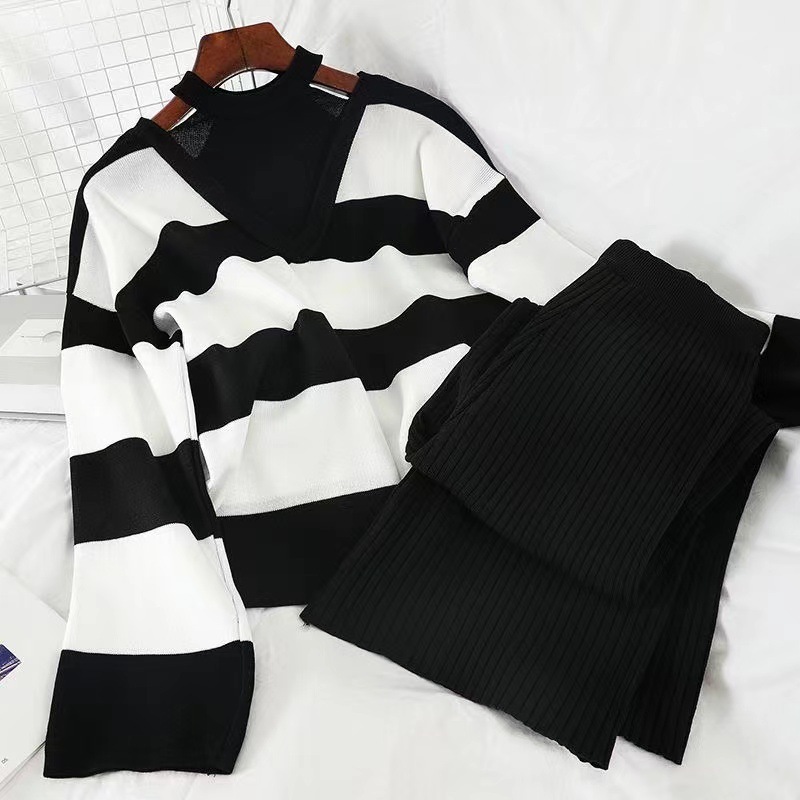 Damen Hohlmaschen-Strick-Set mit Streifenpullover 2