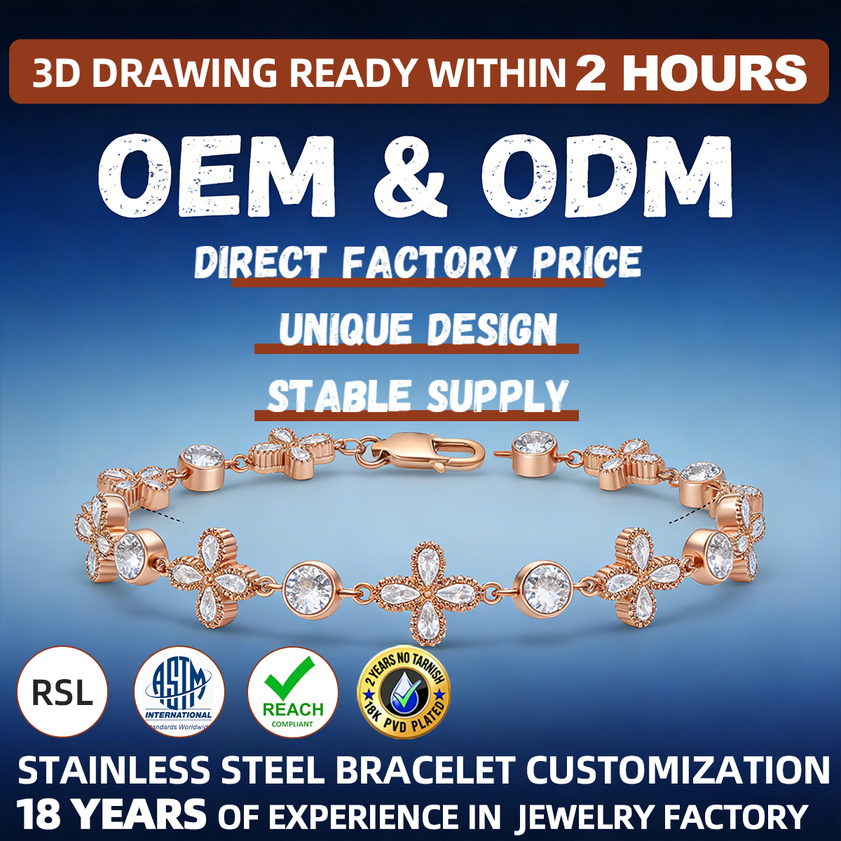 Edelstahl-Armband 316L mit 18K Gold und Zirkonia