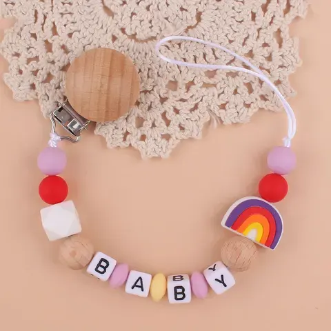 Regenbogen-Schnullerkette aus Buchenholz