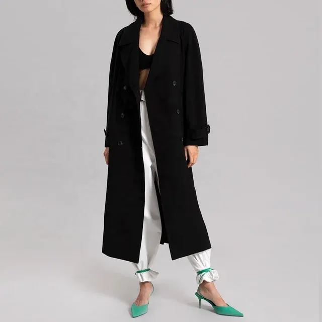 Damen Langer Schwarzer Trenchcoat Doppelreihig 3