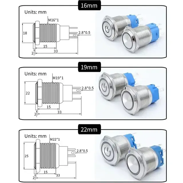 Metall-Drucktaster mit LED-Leuchte, 16/19/22mm 3