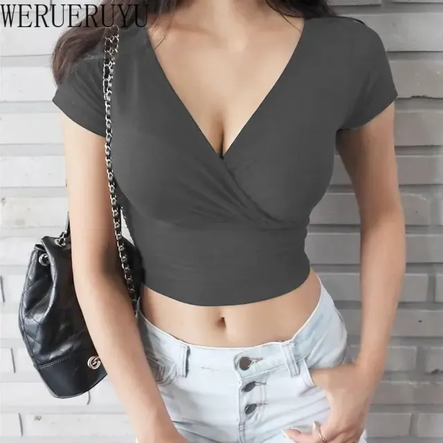 Schwarzes V-Ausschnitt Crop Top Kurzarm 4